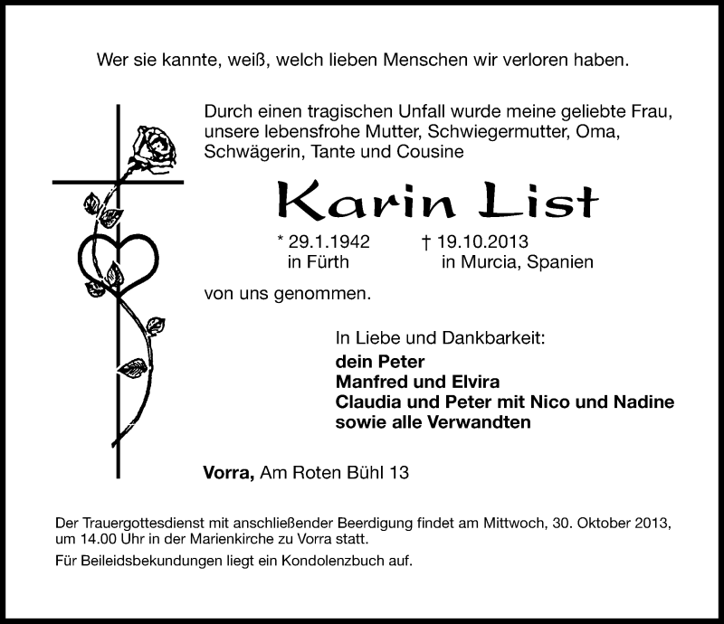  Traueranzeige für Karin List vom 28.10.2013 aus Hersbrucker Zeitung